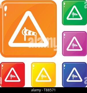 Sign warning about cross wind from the left icons set vector color Stock Vector