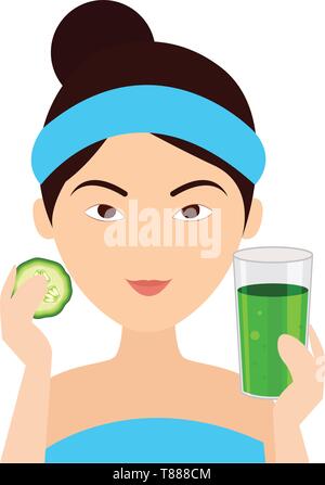 woman doing cucumber refreshing treatment for her face and body. vector illustration Stock Vector
