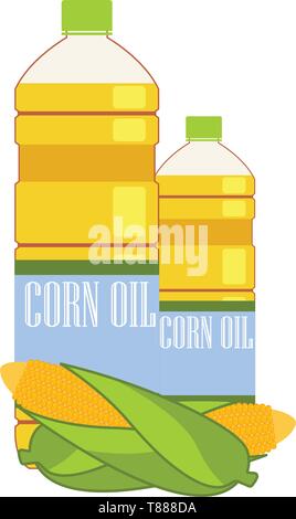 corn oil in the bottle with corn isolated on white background Stock Vector