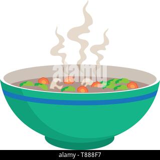 hot noodle soup with meat balls in chinese bowl and spoons on white background, vector illustration Stock Vector