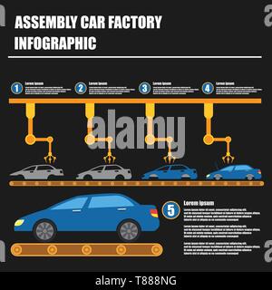 assembly car infographic  assembly line and car factory production process Stock Vector
