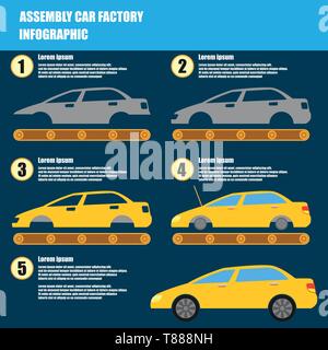 assembly car infographic  assembly line and car factory production process Stock Vector