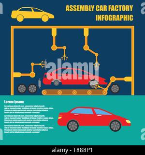 assembly car infographic  assembly line and car factory production process Stock Vector
