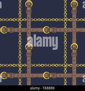 Seamless pattern with realistic hand drawn golden chains and brown leather belt Doodle sketch on dark blue background Square luxury ornament Stock Vector