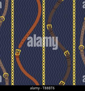 Seamless pattern with realistic hand drawn golden chains and brown leather belt Doodle sketch on dark blue background Square luxury ornament Stock Vector