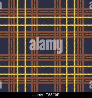 Seamless pattern with realistic hand drawn golden chains and brown leather belt Doodle sketch on dark blue background Square luxury ornament Stock Vector