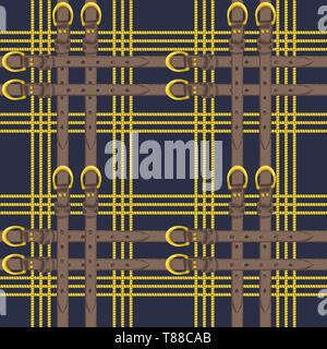 Seamless pattern with realistic hand drawn golden chains and brown leather belt Doodle sketch on dark blue background Stock Vector