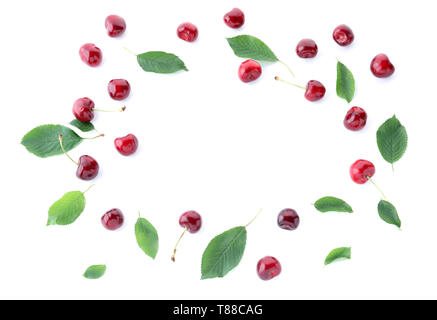 Frame made of ripe cherry on white background Stock Photo