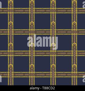 Seamless pattern with realistic hand drawn golden chains and brown leather belt Doodle sketch on dark blue background Stock Vector
