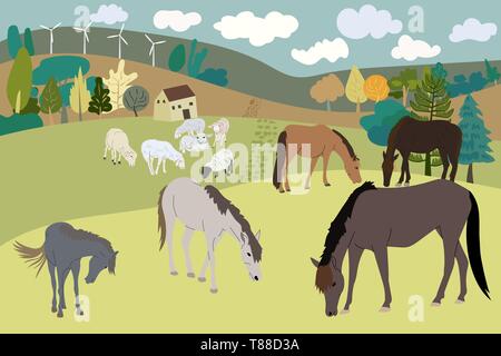 horse and sheep field trees sky sun clouds farm animal cartoon vector ...