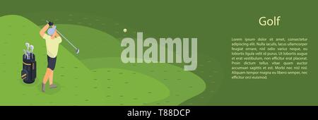 Man play golf concept banner, isometric style Stock Vector