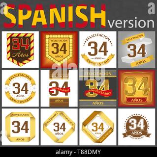 Spanish set of number thirty-four years (34 years) celebration design. Anniversary number template elements for your birthday party. Translated from t Stock Vector