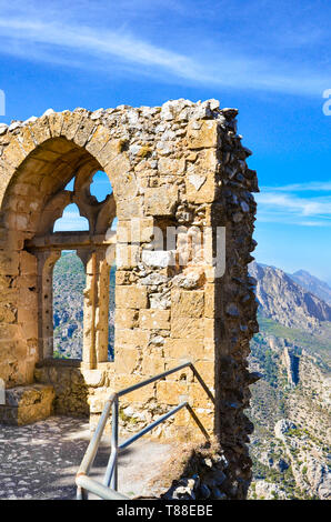 Vertical photography of the ancient ruins of St. Hilarion Castle in Northern Cyprus. The view point offers an amazing view of Cypriot Kyrenia region Stock Photo