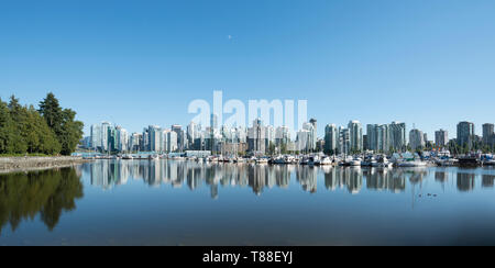 Standing on the seawall next to the Royal Vancouver Yacht Club looking across Coal Harbour bay towards the downtown area & towering glass apartments. Stock Photo