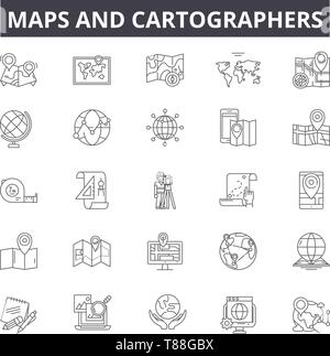 Maps and cartographers line icons, signs, vector set, outline concept, linear illustration Stock Vector