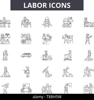 Labor line vector icons and signs. Force, Wage, Union, Effort, Toil ...