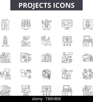 Projects line vector icons and signs. Implement, Create, Manage ...