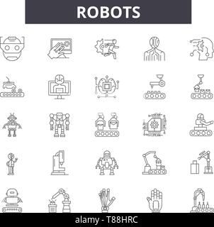 Robots line icons, signs, vector set, linear concept, outline illustration Stock Vector