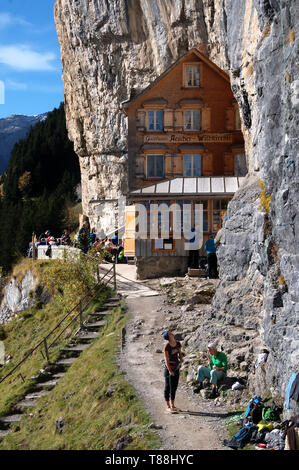 Climbers gathered at the guest house Äscher in Canton Appenzell Stock Photo