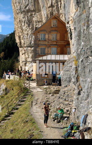 Climbers gathered at the guest house Äscher in Canton Appenzell Stock Photo