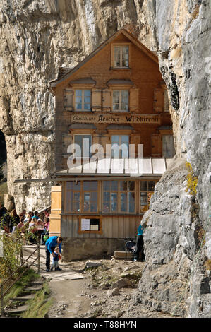 Climbers gathered at the guest house Äscher in Canton Appenzell Stock Photo