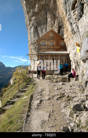 Climbers gathered at the guest house Äscher in Canton Appenzell Stock Photo