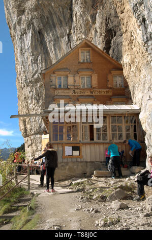 Climbers gathered at the guest house Äscher in Canton Appenzell Stock Photo