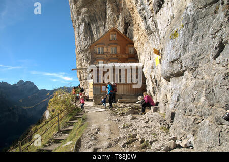 Climbers gathered at the guest house Äscher in Canton Appenzell Stock Photo