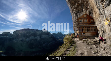 Climbers gathered at the guest house Äscher in Canton Appenzell Stock Photo