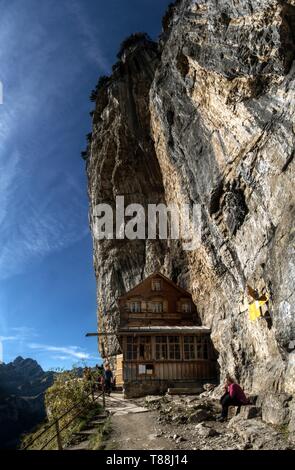 Climbers gathered at the guest house Äscher in Canton Appenzell Stock Photo