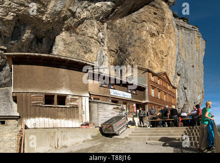 Climbers gathered at the guest house Äscher in Canton Appenzell Stock Photo