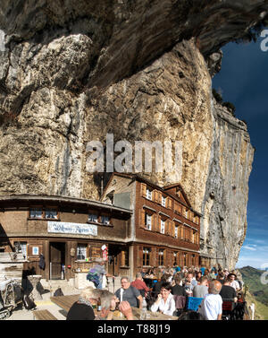 Climbers gathered at the guest house Äscher in Canton Appenzell Stock Photo