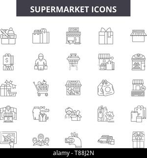 Merchandise market linear icons set. Kiosks, Souvenirs, Gifts, Vendors ...
