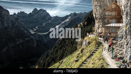 Climbers gathered at the guest house Äscher in Canton Appenzell Stock Photo