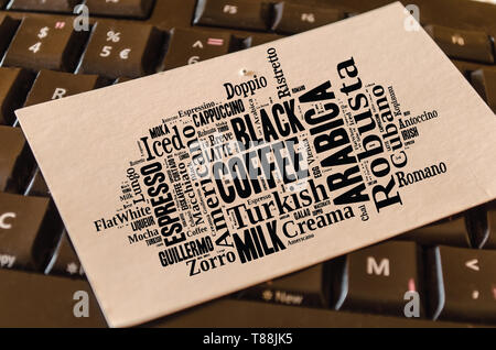 Coffee drinks words cloud collage over keyboard background Stock Photo