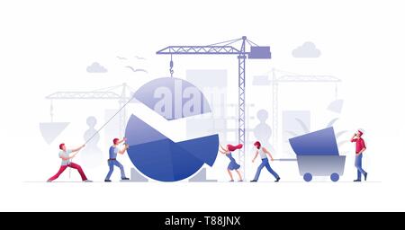 Vector illustration people are building a new achievements with pie graph. Business teamwork concept. People characters are working together. Financia Stock Vector