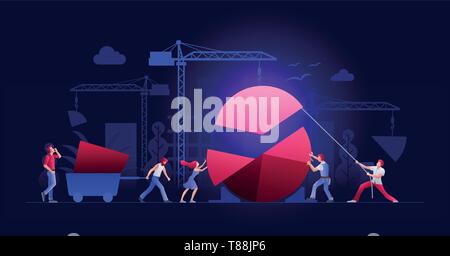 Vector illustration people are building a new achievements with pie graph. Business teamwork concept. People characters are working together. Financia Stock Vector