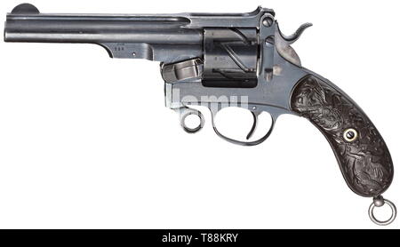A Mauser Revolver mod. 1878 ('Zick-Zack-Revolver'), Russian contract Cal. 9 mm, no. 136. Matching numbers. Matt bore. Six shots. Proof-marked double crown/'U'. On barrel rib signed 'GEBR.MAUSER & CIE. OBERNDORF A/N WÜRTTEMBERG. 1878 PATENT'. Underside of barrel marked 'G 1' (Germania?) in Cyrillic, likewise underneath the grip panel on the left. Complete bluing, partially few, very fine pits. Black, floral hard rubber grip panels decorated on both sides with monsters in relief. Lanyard loop. Rare collectorsÂ´ item in very good condition. Erwerbss, Additional-Rights-Clearance-Info-Not-Available Stock Photo