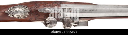 A silver-mounted flintlock shotgun, Ivan Permjak, St. Petersburg, circa 1770/80 Two-stage barrel, octagonal then round and smooth after a cut girdle, in 17 mm calibre with silver ´spider´ front sight. Gold-lined vent hole. At the breech two smith´s marks (fallen out) and stamped signature 'ROSINA IN TOSCANA', under the barrel an inscription 'A. TORTIGLIONE FECIT'. Florally engraved tang numbered '4'. Cut flintlock with engraved trophies, the lockplate signed in Cyrillic letters 'IVAN PERMJAK'. Carved walnut full stock in very good condition, with, Additional-Rights-Clearance-Info-Not-Available Stock Photo