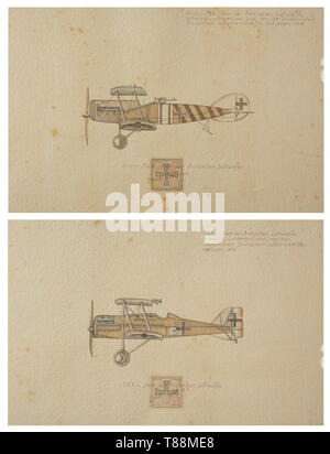 Ernst Udet - twelve drawings of German military aircraft of the 1st World War Aviatik (Berg) D.I. Bomber of the Austro-Hungarian Flying Corps 1917. Rumpler C.IV. Bomber of the Imperial German Flying Corps. Gotha G.V. Bomber of the Imperial German Flying Corps 1918. Halberstadt C.L.II of the Imperial German Flying Corps 1918. Fokker F.V. of the Imperial German Flying Corps 1918. Pfalz D.XII of the Imperial German Flying Corps 1918. Siemens Schuckert D III of the Imperial German Flying Corps. Fighter Squadron 4, Metz 1918 (Udet's personal plane with the inscription 'LO!' for , Editorial-Use-Only Stock Photo