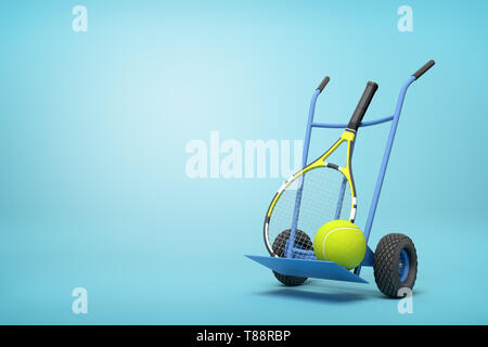 3d rendering of navy blue hand truck standing upright in half-turn with tennis ball and racket on it on light-blue background with copy space. Stock Photo