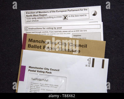 Postal voting pack sent to a voter by Manchester City Council in the United Kingdom for the European Elections on 23rd May 2019 Stock Photo