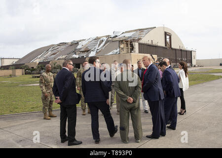 President Donald J. Trump meets military personnel, State officials, and local citizens on his tour of areas effected by Hurricane Michael Wednesday, May 8, 2019, at Tyndall Air Force Base, Fla  People:  President Donald Trump Stock Photo