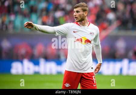 Leipzig, Germany. 11th May, 2019. Leipzig's Timo Werner reacts during a German Bundesliga match between RB Leipzig and FC Bayern Munich in Leipzig, Germany, on May 11, 2019. The match ended 0-0. Credit: Kevin Voigt/Xinhua/Alamy Live News Stock Photo