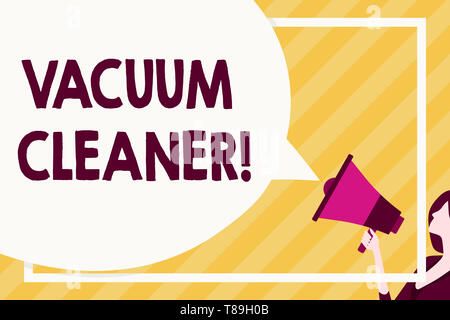 Handwriting text writing Vacuum Cleaner. Conceptual photo machine that cleans floors and surfaces by sucking up dust Huge Blank Speech Bubble Round Sh Stock Photo