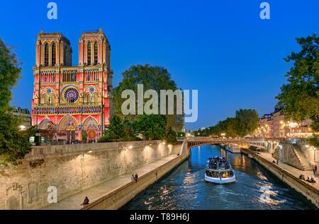 France, Paris, the banks of the Seine river listed as World Heritage by UNESCO, the City island with Notre Dame cathedral during a light and sound show and a tour boat Stock Photo