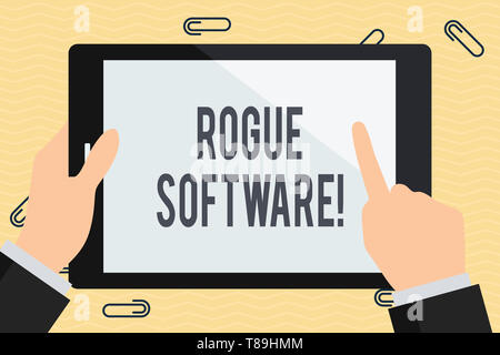 Conceptual hand writing showing Rogue Software. Concept meaning type of malware that poses as antimalware software Businessman Hand Holding and Pointi Stock Photo