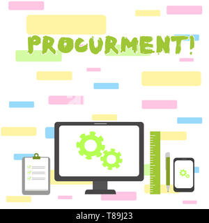 Writing note showing Procurment. Business concept for action of acquiring military equipment and supplies Stock Photo