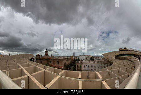 Seville, Spain - April 06, 2019:  View from the top of the Space Metropol Parasol (Setas de Sevilla), a big structure where one have the best view of  Stock Photo