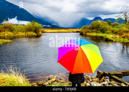 Woman with an Umbrella under dark rain clouds on a cold spring day at the lagoons of Pitt-Addington Marsh in Pitt Polder near Maple Ridge, BC, Canada Stock Photo